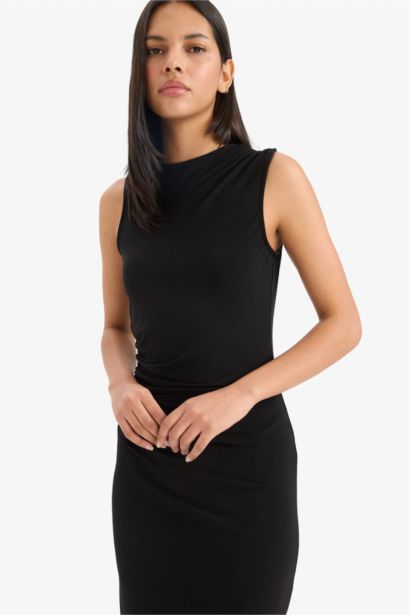 Bodycon Vücudu Saran Dik Yaka Basic Düz Kolsuz Maxi Abiye Elbise