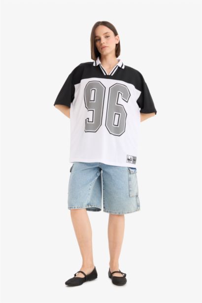 Oversize Fit Polo Neck Printed Short Sleeve T-Shirt