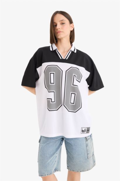Oversize Fit Polo Neck Printed Short Sleeve T-Shirt