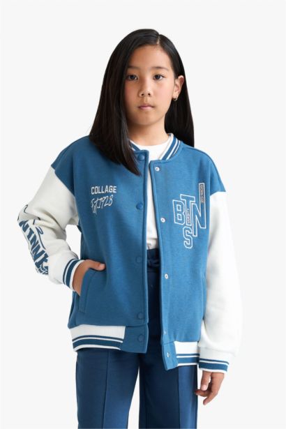 Girl College Collar Printed Bomber Jacket