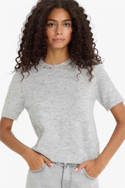 қалыпты пішім дөңгелек жаға безендіру трикотаж Пулловер