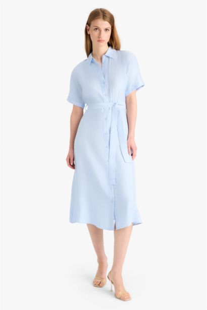 Shirt Collar Belted Short Sleeve Midi Dress