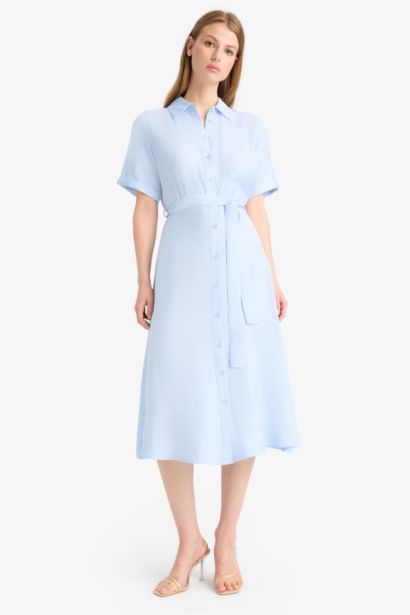 Shirt Collar Belted Short Sleeve Midi Dress