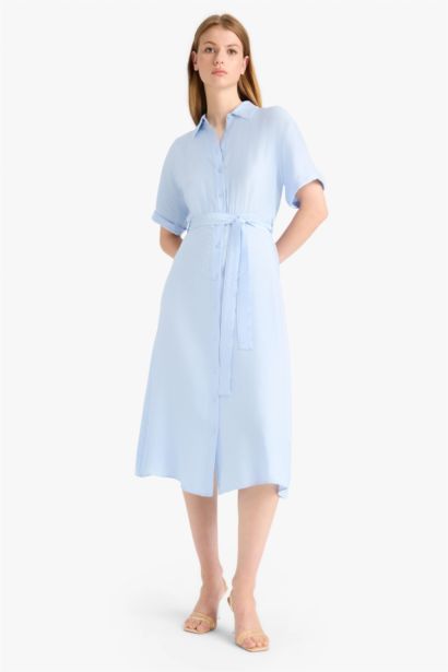 Shirt Collar Belted Short Sleeve Midi Dress