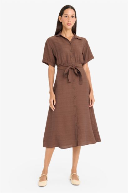 Shirt Collar Belted Short Sleeve Midi Dress