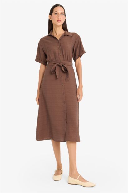 Shirt Collar Belted Short Sleeve Midi Dress
