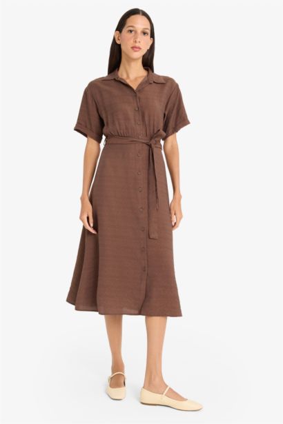 Shirt Collar Belted Short Sleeve Midi Dress