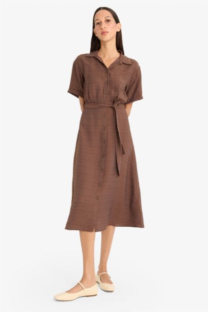 Shirt Collar Belted Short Sleeve Midi Dress