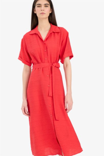 Shirt Collar Belted Short Sleeve Red Midi Dress