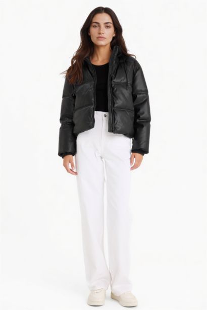 Regular Fıt Kapüşonlu Polar Astarlı Suni Deri Mont