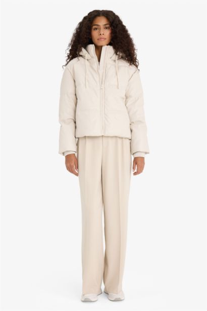 Regular Fıt Kapüşonlu Polar Astarlı Suni Deri Mont