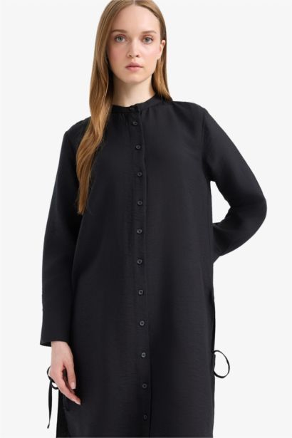 Regular Fit Basic Düz Yanları Bağcıklı Uzun Kollu Tesettür Gömlek Tunik