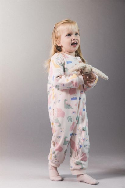 Baby Girl 1 Tog Fiber Dinosaur Printed Zippered Jumpsuit