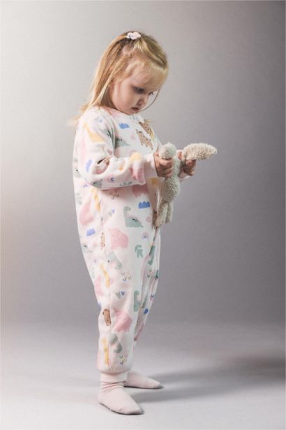 Baby Girl 1 Tog Fiber Dinosaur Printed Zippered Jumpsuit