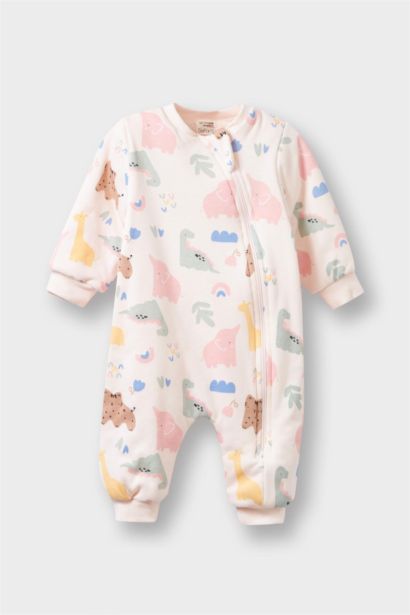 Baby Girl 1 Tog Fiber Dinosaur Printed Zippered Jumpsuit
