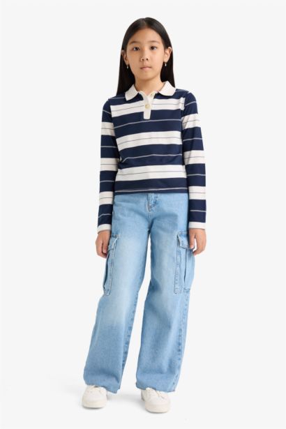 تيشيرت بناتي مخطط كم طويل سليم فيت بياقة بولو