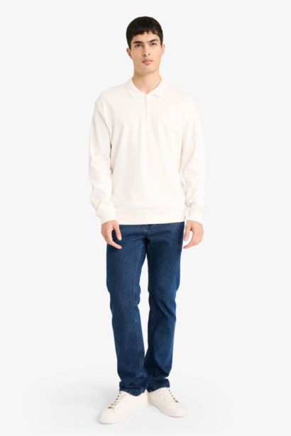 Regular Fit Polo Neck Half Zippered Sweatshirt