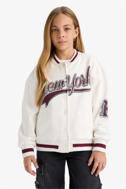 Girl Printed College Collar Bomber Jacket