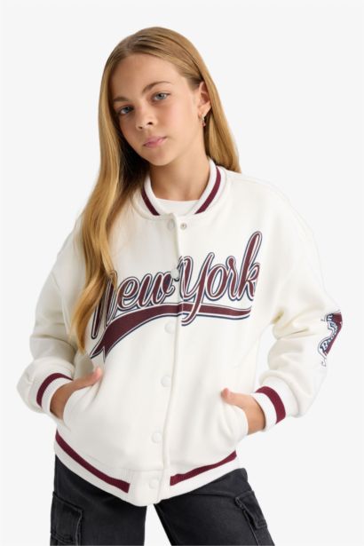 Girl Printed College Collar Bomber Jacket