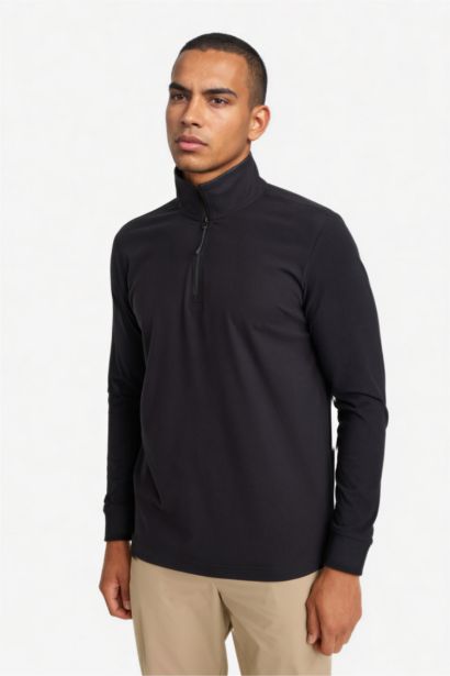 Standart Fit Dik Yaka Yarım Fermuarlı Polar Sporcu Sweatshirt