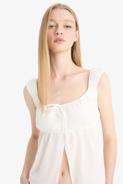 Fitted U Neck Poplin Thick Strappy Blouse