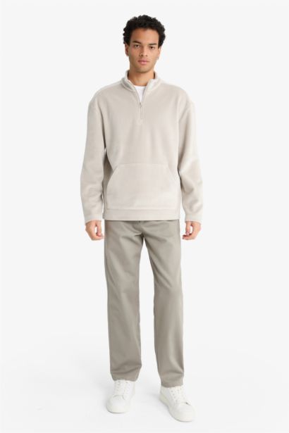 Regular Fit Stand Collar Half Zippered Velvet Sweatshirt