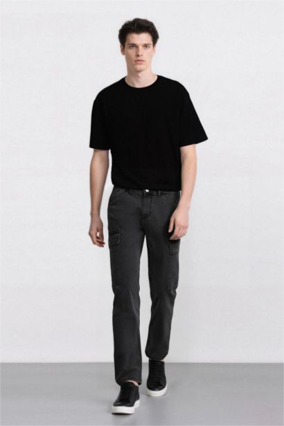 بنطرون جينز كارجو قصة مريحة برجل عادي وجيب