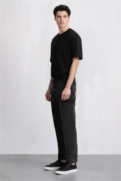 بنطرون جينز كارجو قصة مريحة برجل عادي وجيب