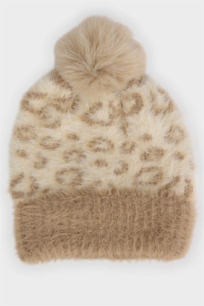 Bonnet en tricot à motif léopard avec pompon pour fille