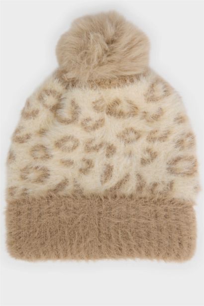 Bonnet en tricot à motif léopard avec pompon pour fille