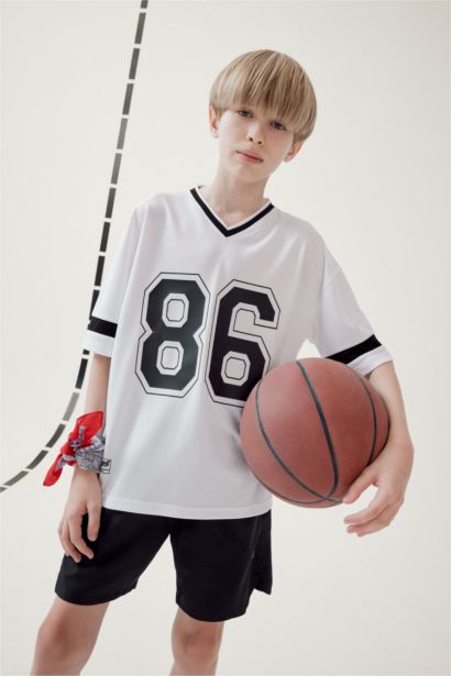Boy Oversize Fit V Neck University Printed Tulle T-Shirt