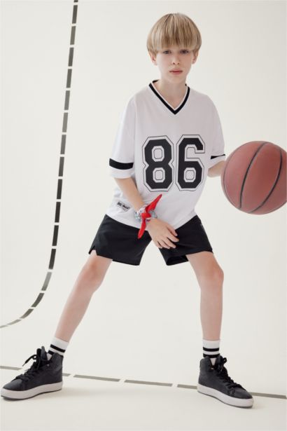 Boy Oversize Fit V Neck University Printed Tulle T-Shirt