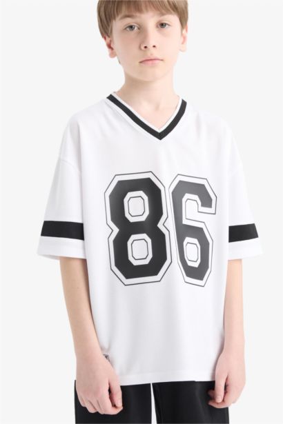 Boy Oversize Fit V Neck University Printed Tulle T-Shirt