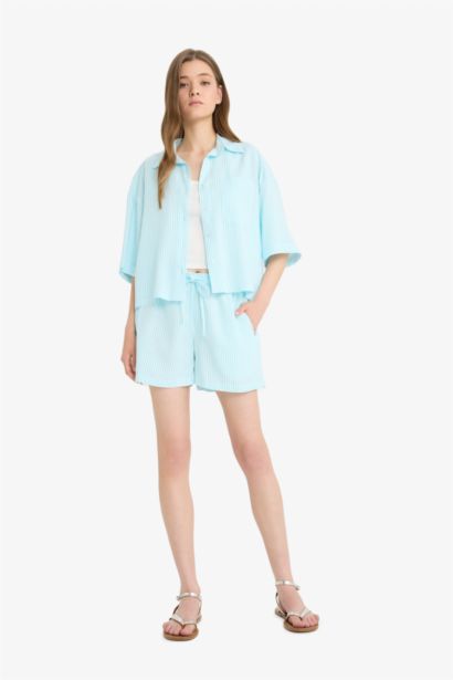 A Cut Linen Blended Striped Normal Waist Regular Hem Shorts