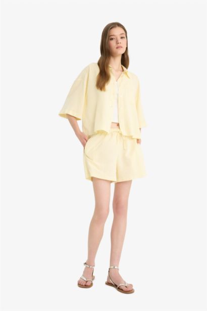 A Cut Linen Blended Striped Normal Waist Regular Hem Shorts