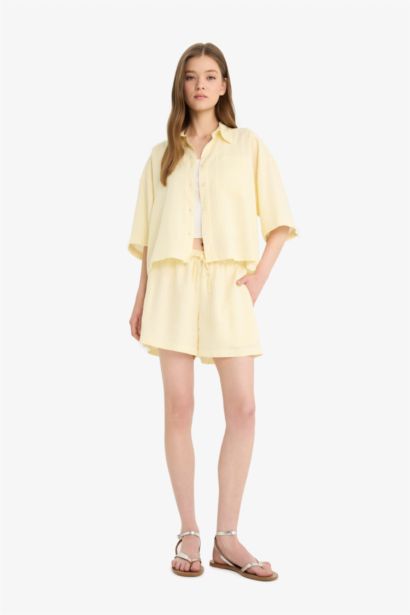 A Cut Linen Blended Striped Normal Waist Regular Hem Shorts