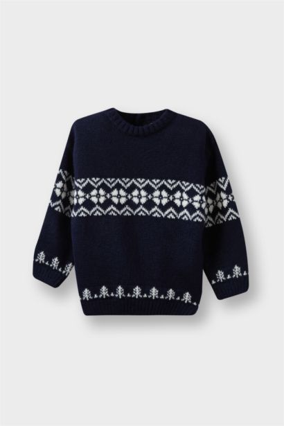 Baby Boy Crew Neck Patterned Knit Pullover