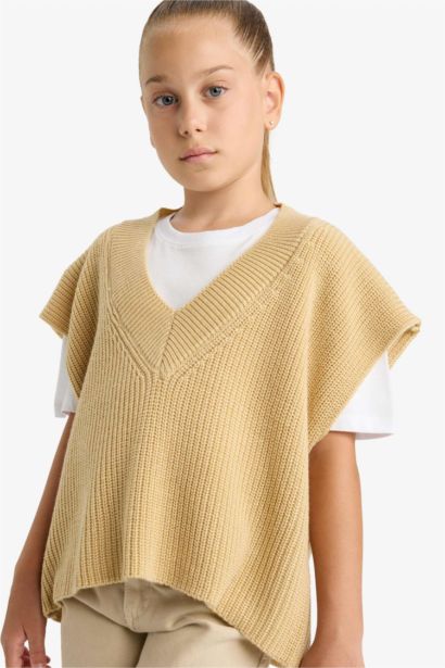 Pull en tricot sans manches oversize à col en V pour fille