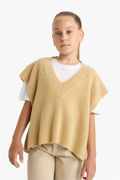 Pull en tricot sans manches oversize à col en V pour fille