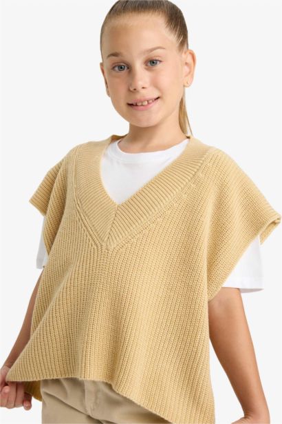 Pull en tricot sans manches oversize à col en V pour fille