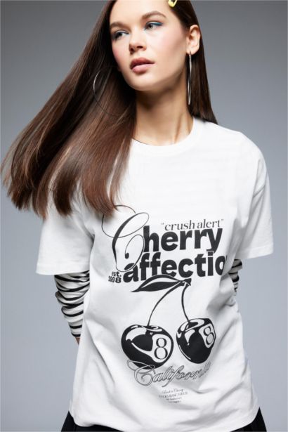 Oversize Geniş Kalıp Bisiklet Yaka Baskılı Kısa Kollu Tişört