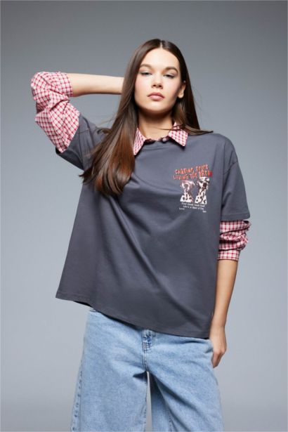 Oversize Geniş Kalıp Bisiklet Yaka Sırt Baskılı Kısa Kollu Tişört