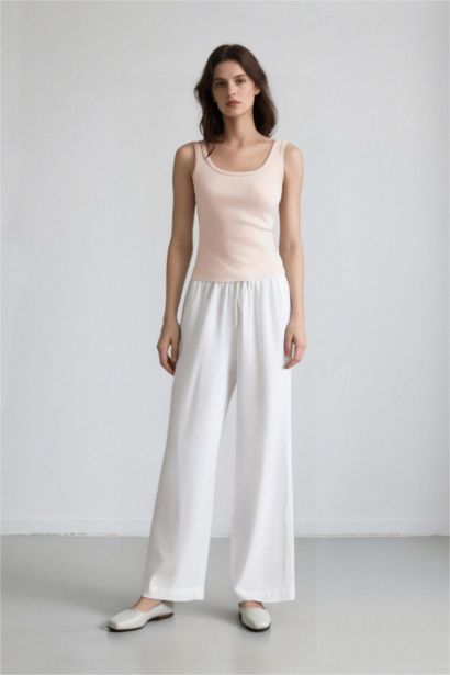 Wide Leg Çift Cepli Yüksek Bel Geniş Paça Beyaz Palazzo Pantolon