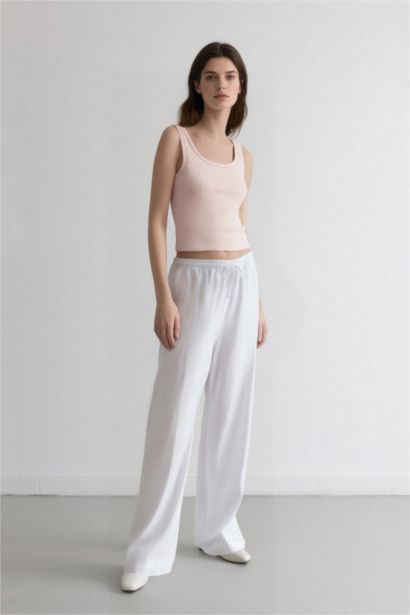 Wide Leg Çift Cepli Yüksek Bel Geniş Paça Beyaz Palazzo Pantolon