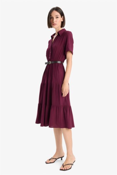 فستان ميدي نص كم برغندي بياقة قميص وحزام