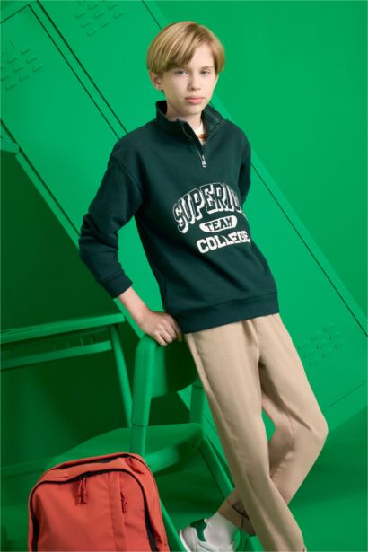 Boy Stand Collar Zippered Printed Sweatshirt