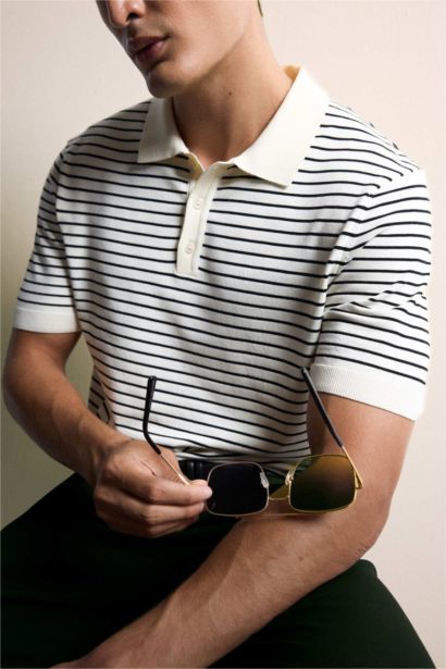 Standard Fit Striped Knit Polo T-shirt