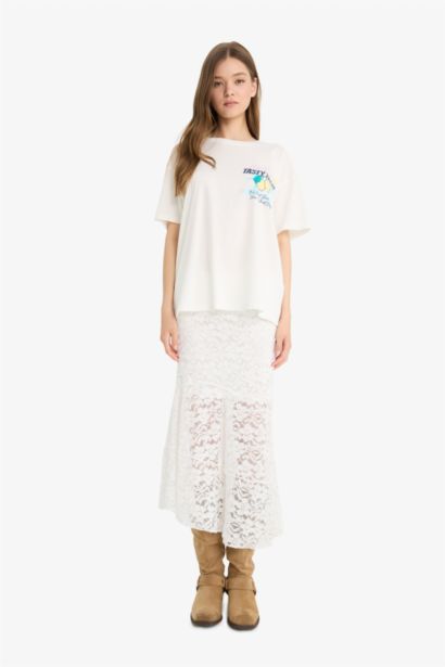 Oversize Fit Crew Neck Printed White T-Shirt