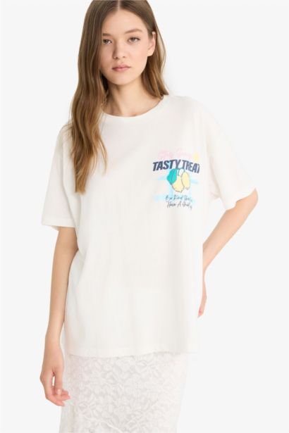 Oversize Fit Crew Neck Printed White T-Shirt