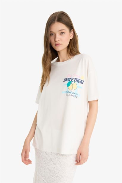 Oversize Fit Crew Neck Printed White T-Shirt